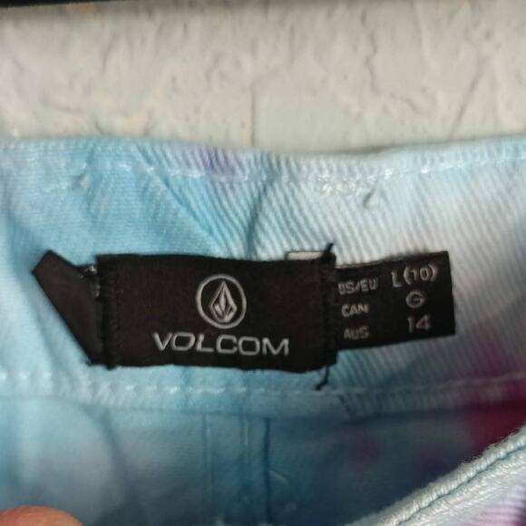 VOLCOM Women's Tie Dye Denim "Fix It Mini Skirt" Mid Rise Pink Blue White, L(10) - Picture 11 of 12